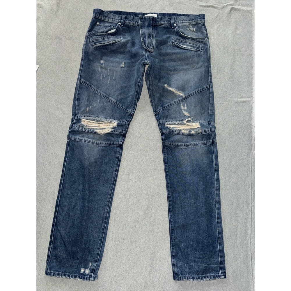 Pierre Balmain Men's Moto Jean Blue Denim Dark Wash Distressed Sz 40